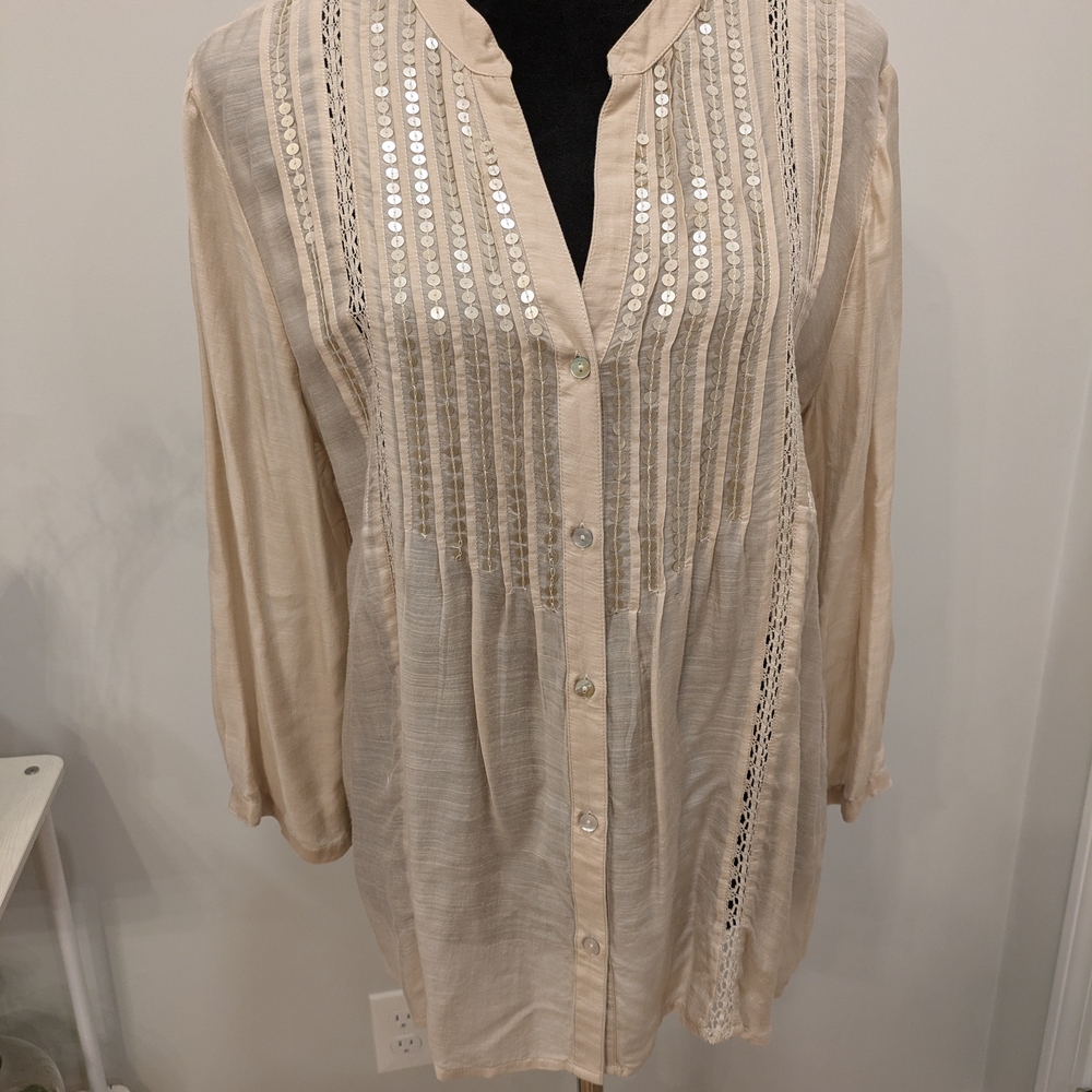 Chico's Beige Button-Up Blouse with Sequins Size 2 (L - 12)